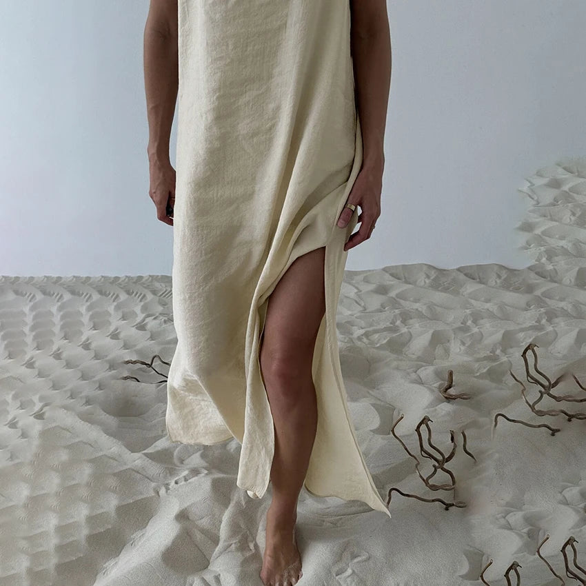 Linad Summer Casual White Long Dress Sexy Loose Backless Split Dresses Woman Street Chic V Neck Straight Dress For Women 2025