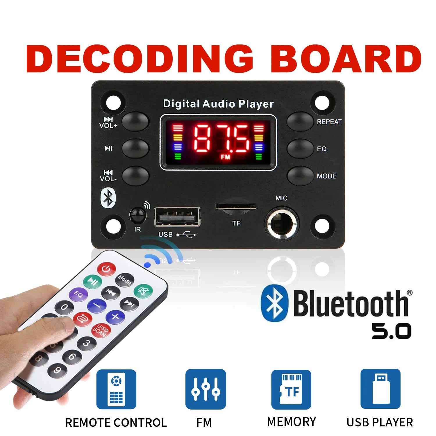 DC  12V Bluetooth 5.0 MP3 WMA WAV APE Decoder Board Hands-free Car Audio Microphone USB TF FM Radio Mp3 Music Player Speaker