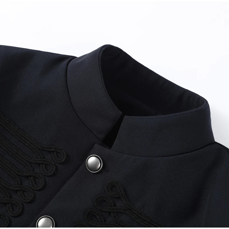 Women's Napoleon Style Black Cropped Jacket Coat Long Sleeve Tops Braided Button Trim Vintage Slim Fit Fashion Lady Outerwear