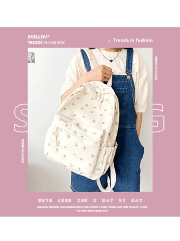 Nylon Backpack New Simple And Fresh Large Capacity Backpack For Junior High School Students Small Floral Backpack