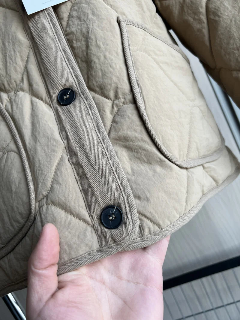 ETJ 2025  Spring new women's vintage crewneck quilted cotton-padded loose version of quilted casual jacket