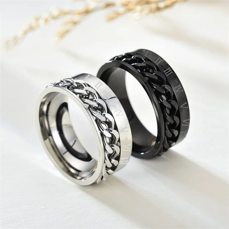 Titanium Steel Rotatable Chain Fidget Spinner Mens Rings Multifunction Anti Stress Knuckle Ring Accessories Anillo Hombres