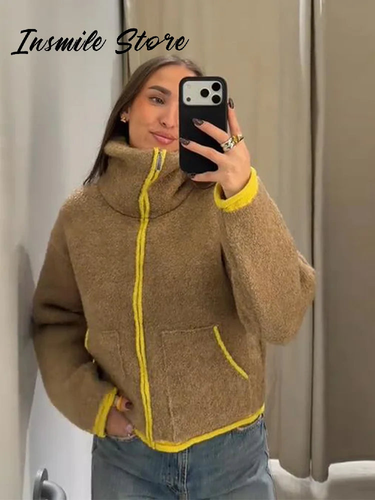 Fashion Contrast Knit Coat Women Stand Collar Zipper Pockets Full Sleeve Jacket 2025 Autumn Lady Elegant Outwear 2026 Spring New