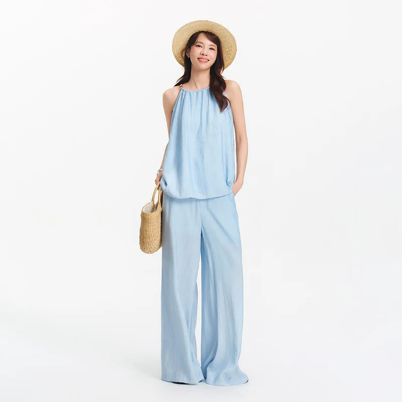 Semir Bowknot Strap Wide Leg Pants Set Women 2025 Summer New Linen Like Textured Two Piece Outfit for Vacation Style