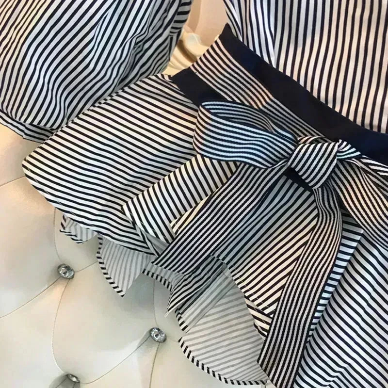 Women Elegant V-Neck Stripe Lantern Sleeve Bow Belt Trend Slim Chiffon Shirt Top And Korean Ripped Jeans Office Lady Casual Suit