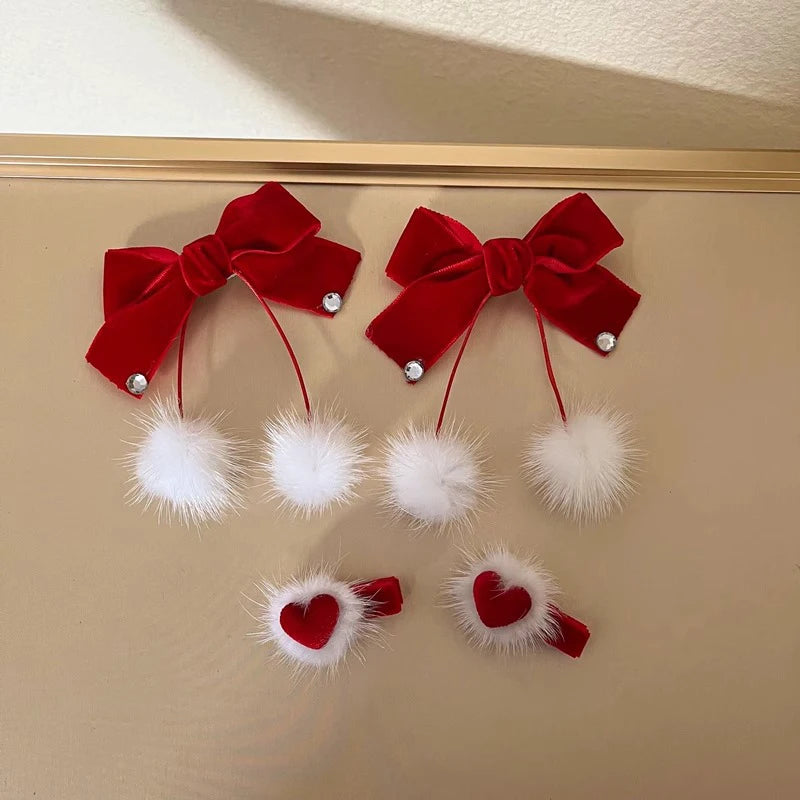 Red Velvet Bow Hairpins for Princess Girl Cute Pompom Heart Kids Autumn Winter Hair Clips Korean Sweet Clips New Year Headwear
