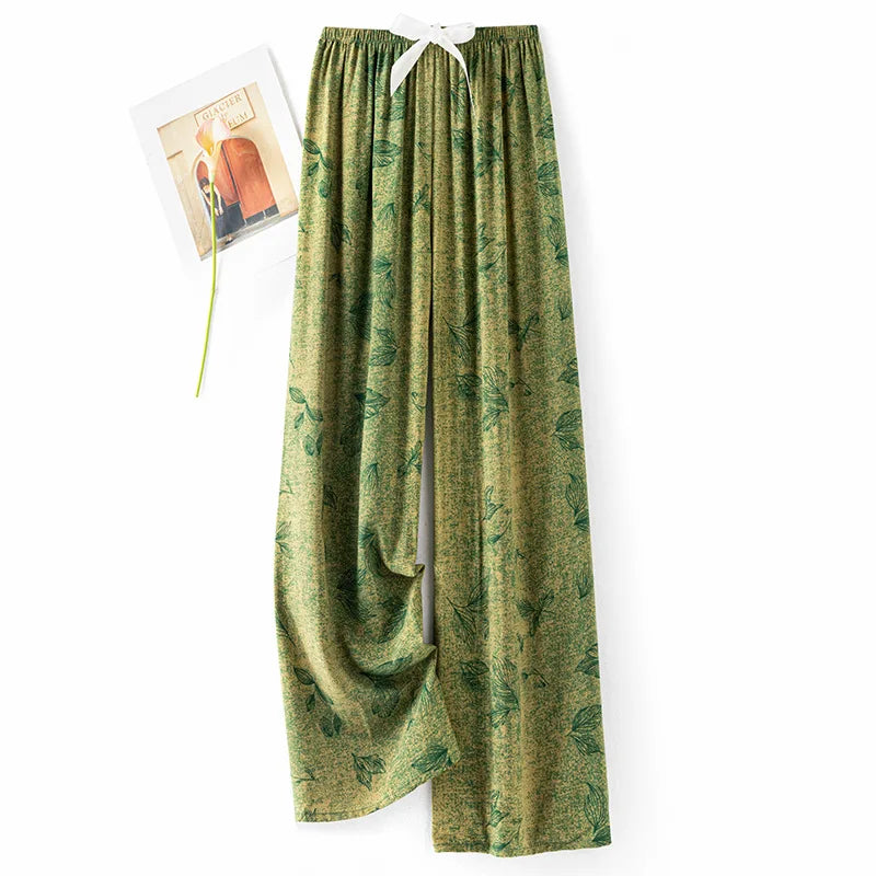 Women Casual Autumn Wide Leg Pants Floral Beach Trousers High Waist Boho Ethnic Style Calf Pants Four Season Girls Home Clothes