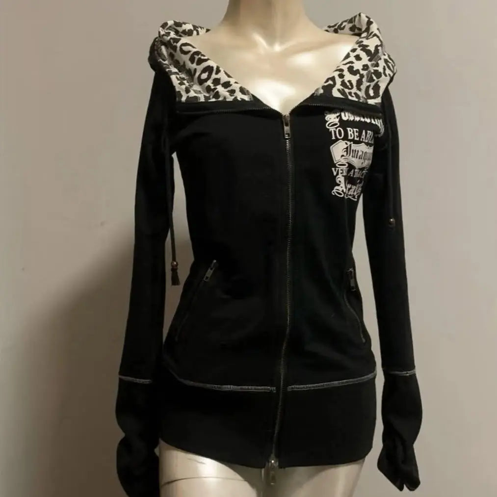 Slim Fit Spicy Girl Vintage Versatile Leopard Printed Black Sweatshirts Gothic Harajuku Autumn/winter Cardigans Kawaii Clothes