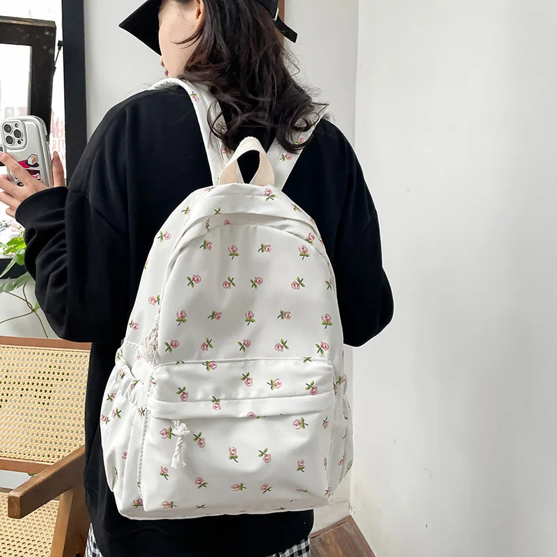 Nylon Backpack New Simple And Fresh Large Capacity Backpack For Junior High School Students Small Floral Backpack