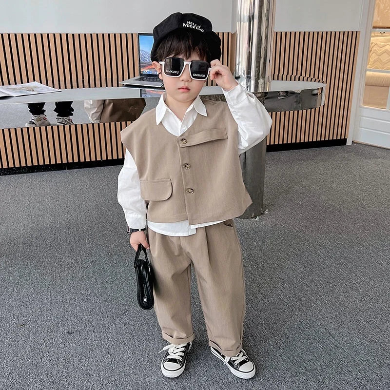 2026 Children Sets Shirts Turn-down Collar Vest Single Breasted Pants Ankle Length Loose Solid Soft Simple Casual Autumn Boys