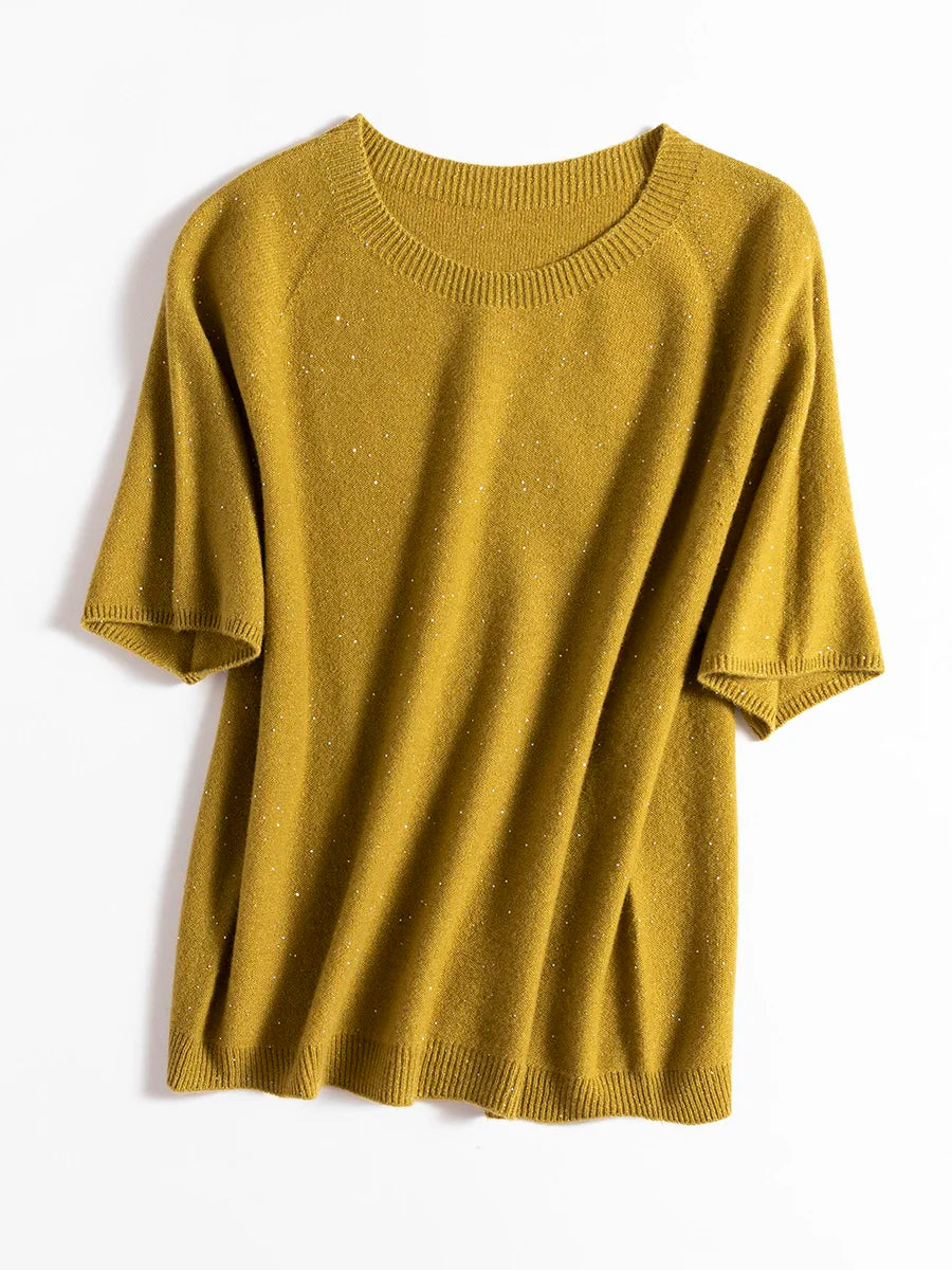 SuyaDream, 100%Merino Wool Pullovers for Woman, Round Neck, Short Sleeved Sweaters, 2025 Fall Winter Soft Warm Top, Pink, Olive