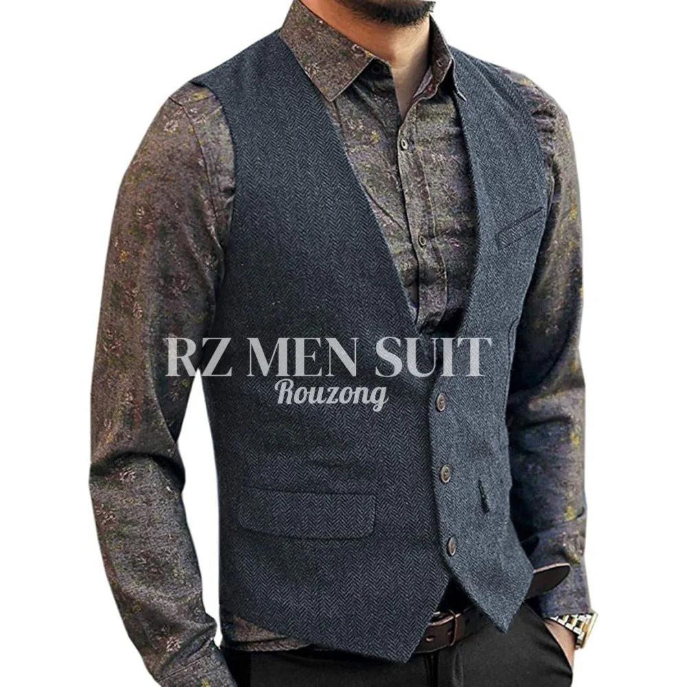 Men's Herringbone Tweed Wool Suit Vest Single Breasted Slim Fit Waistcoat Vest chaleco para hombre