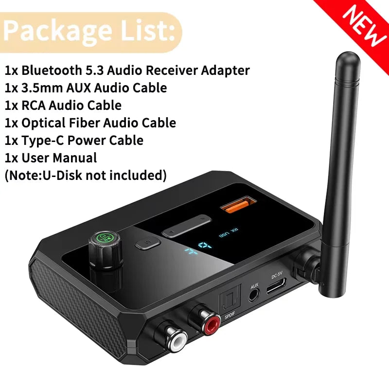 Bluetooth 5.3 Audio Receiver Support USB U-Disk Play Wireless Adapter R/L 2 RCA/3.5MM AUX/Optical Fiber Jack For Car Kit Speaker