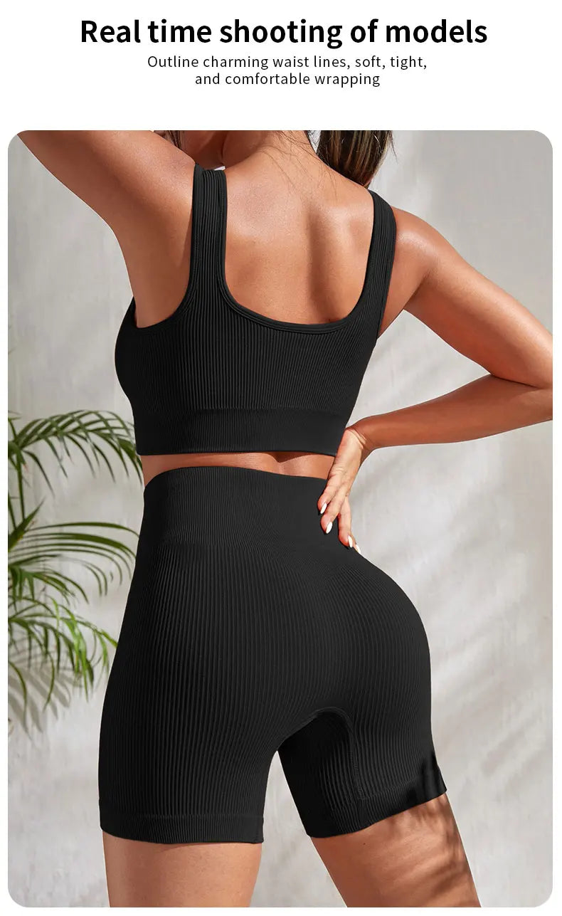 Seamless Ribbed Fitness Set for Women Solid Color Knit 2 Piece Workout Outfit Crop Tank High Waist Shorts Yoga Running