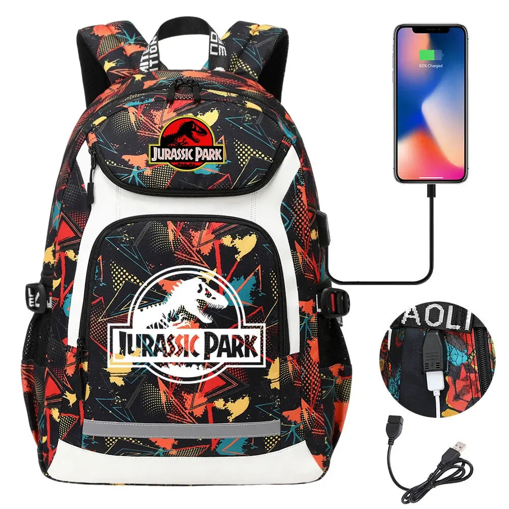 Jurassic World Park Dinosaur Girls Boys Kids School Book Bags USB Teenagers Schoolbags Women Men Laptop Travel Backpack