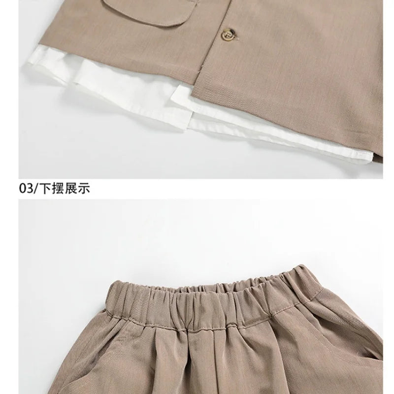 2026 Children Sets Shirts Turn-down Collar Vest Single Breasted Pants Ankle Length Loose Solid Soft Simple Casual Autumn Boys