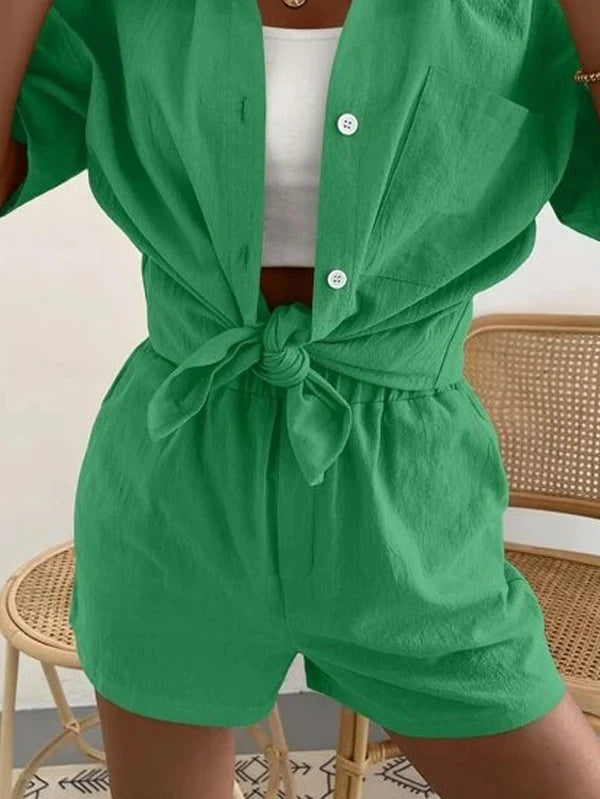 Women's Cotton Suit  Short Sleeve Casual Elegant Green Soild Two Piece Set Women Outfit Suit Shorts and Shirt for Women
