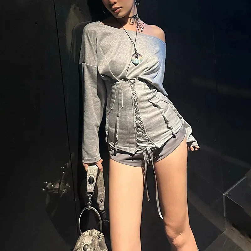SylCue Casual Fashion T-Shirts Woman Skew Collar Off Shoulder Full Sleeve Drawstring Design Daily Simple Versatile Style Tops