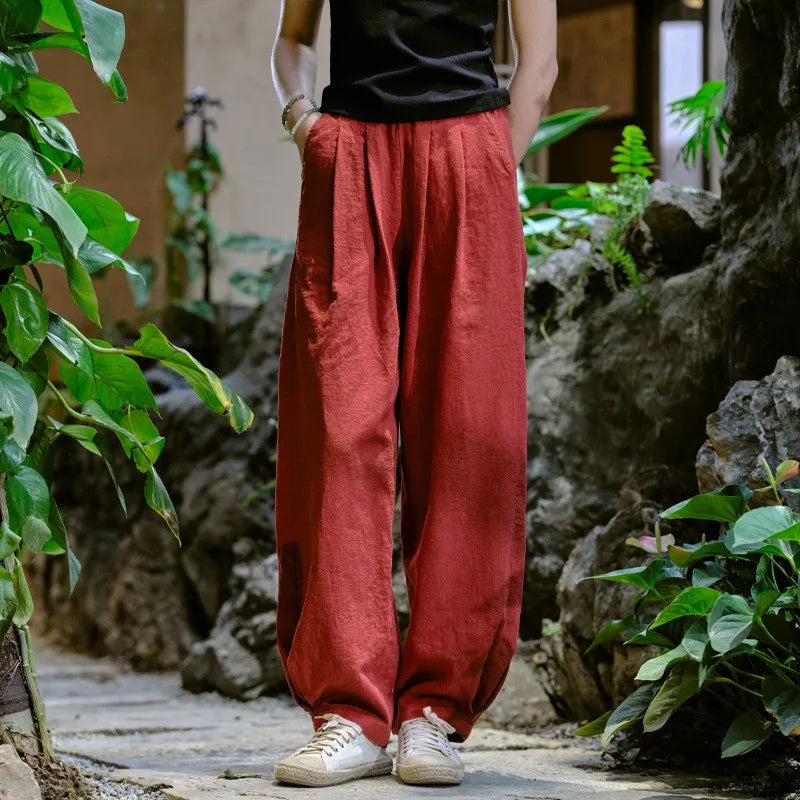 Johnature Women Vintage Solid Color Long Pants Linen Elastic Wasit 2025 Spring New Trouser Pockets Loose Women Straight Pants