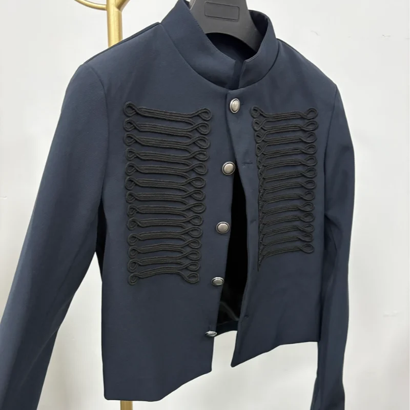 Women's Napoleon Style Black Cropped Jacket Coat Long Sleeve Tops Braided Button Trim Vintage Slim Fit Fashion Lady Outerwear