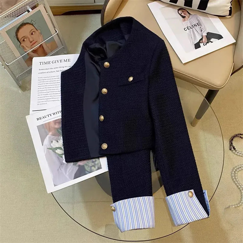 Autumn Winter Ladies Long Sleeves Suit Jacket French Women Round Neck Tops Female Fashion Leisure Splicing Together Blazer Coat