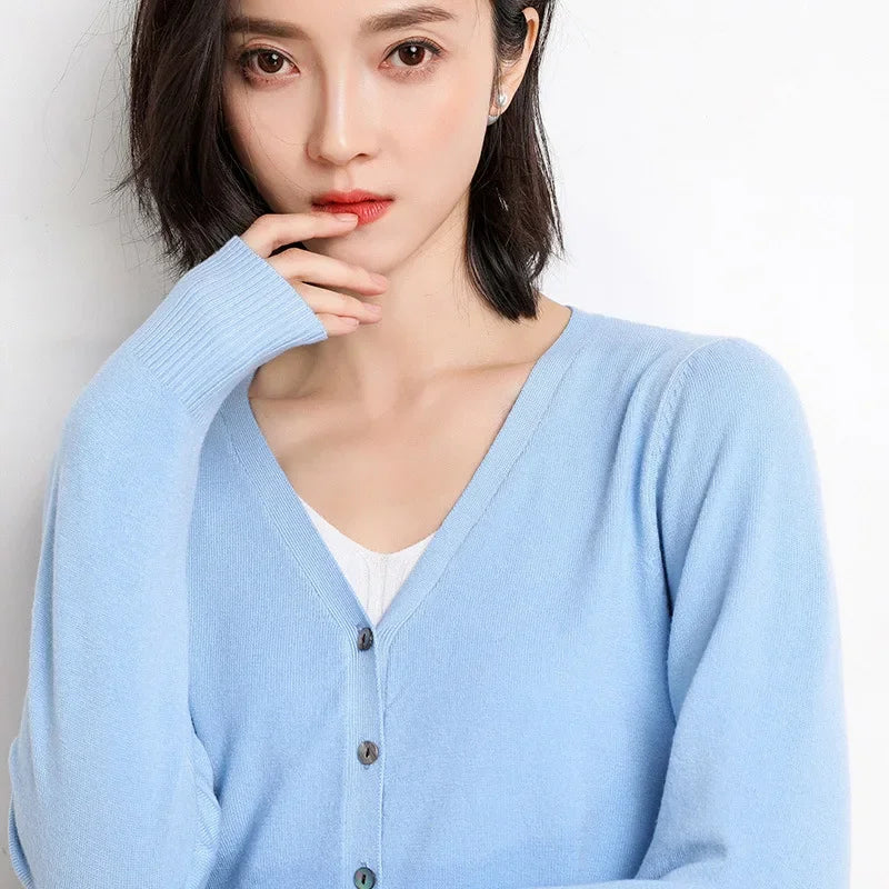 2025 Women Cardigans Long Sleeve Knitted Outerwear Solid Thin Spring Autumn Sweaters V-neck Knitwears Korean Fashion Cardigans