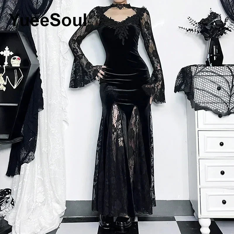 Halloween Gothic Grunge Punk Women Dress Long Sleeve Lace Slim Black Dresses 2026 New Y2K Harajuku Lolita Fairy Core Party Dress