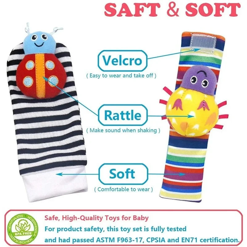 4Pcs Baby Toy 0-12 Months Baby Rattles Toys Animal Socks Wrist Strap + Rattle Baby Foot Socks Bug Wrist Strap Baby Socks New