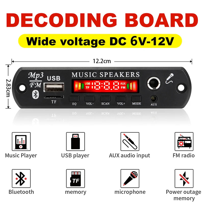 DC  12V Bluetooth 5.0 MP3 WMA WAV APE Decoder Board Hands-free Car Audio Microphone USB TF FM Radio Mp3 Music Player Speaker