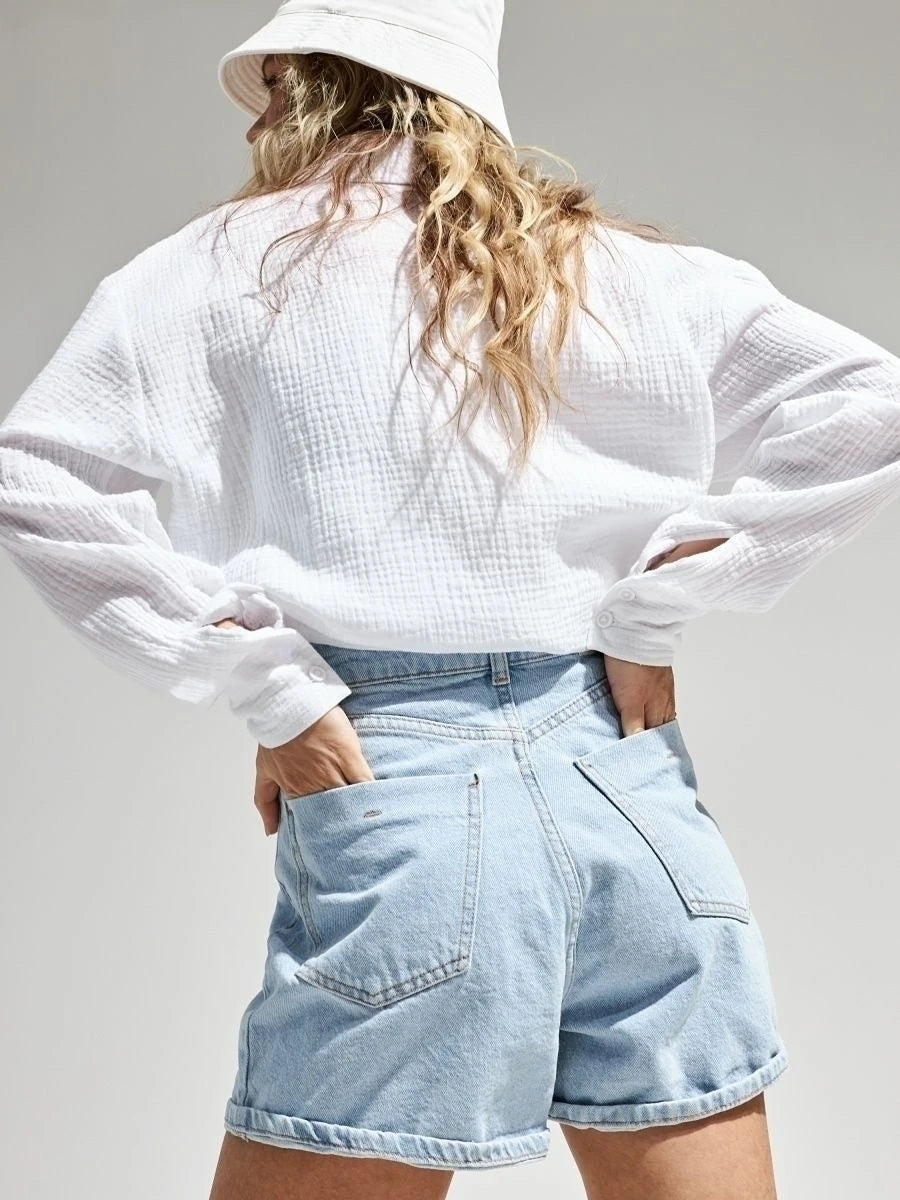 Bornladies 2025 Women's Spring Summer 100% Cotton Shirts Office Lady  Fashionable Solid Lady Long Sleeve Loose Tops Crepe Shirts