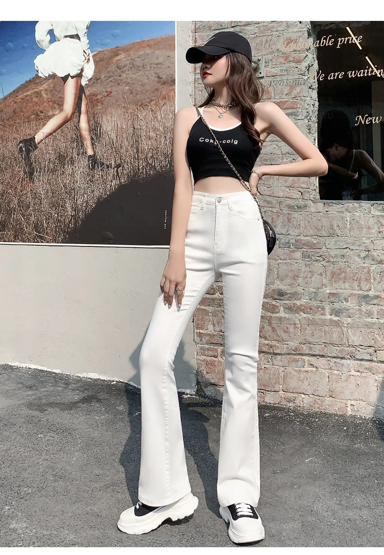 Flared Jeans Woman High Waist Denim Trousers For Female Blue White Black Elastic Skinny Fashion Classic Leisure Wide Leg Pants