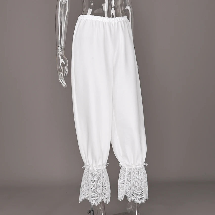 Linad Vintage Loose Lace Pencil Pants For Women White Elegant Elastic Waist Trousers Street Chic Ankle Length Pants 2025 Summer