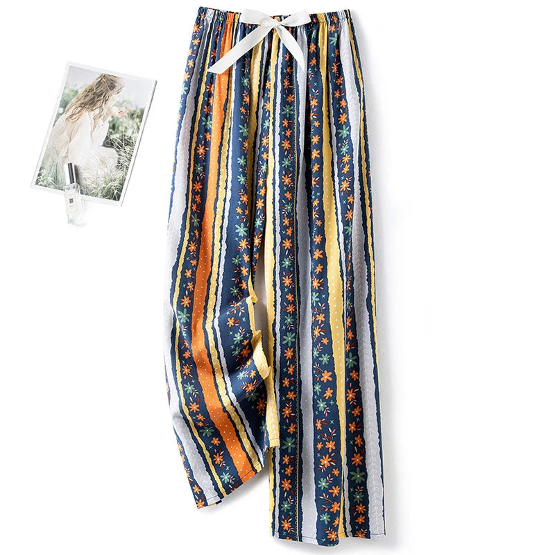 Women Casual Autumn Wide Leg Pants Floral Beach Trousers High Waist Boho Ethnic Style Calf Pants Four Season Girls Home Clothes