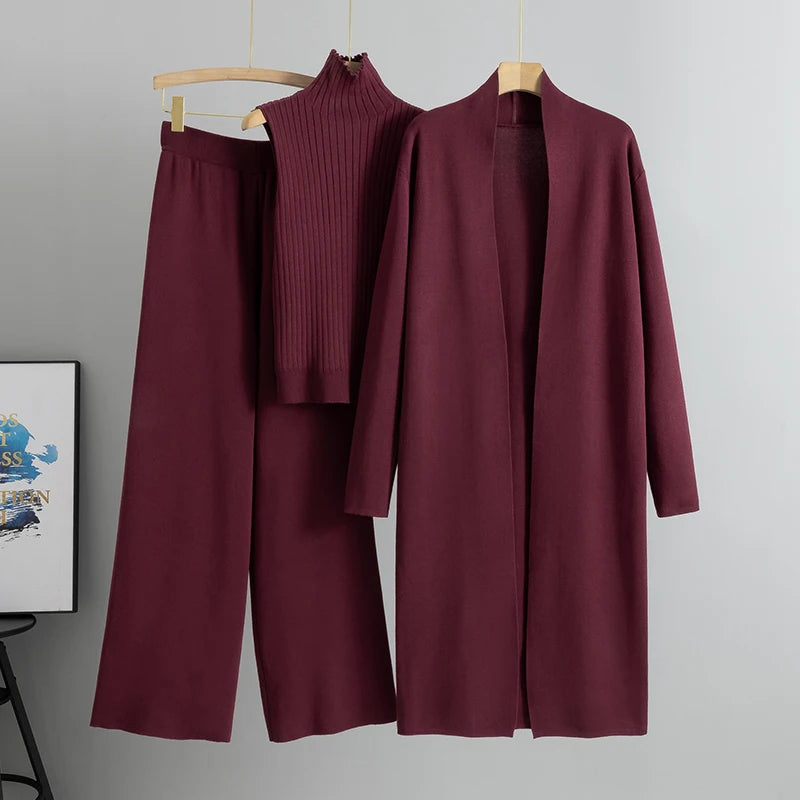 2026 Winter And Autumn Fashionable Elegant Women's Knitted 3-Piece Set cardigan Women's Sweater Women's Wide Leg Pants