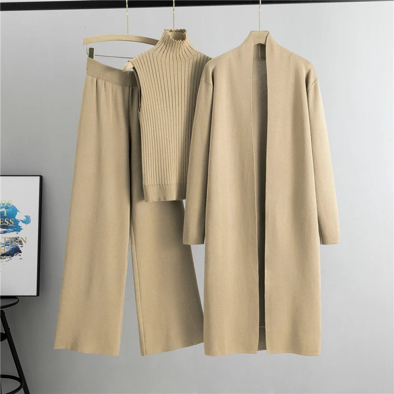 2026 Winter And Autumn Fashionable Elegant Women's Knitted 3-Piece Set cardigan Women's Sweater Women's Wide Leg Pants