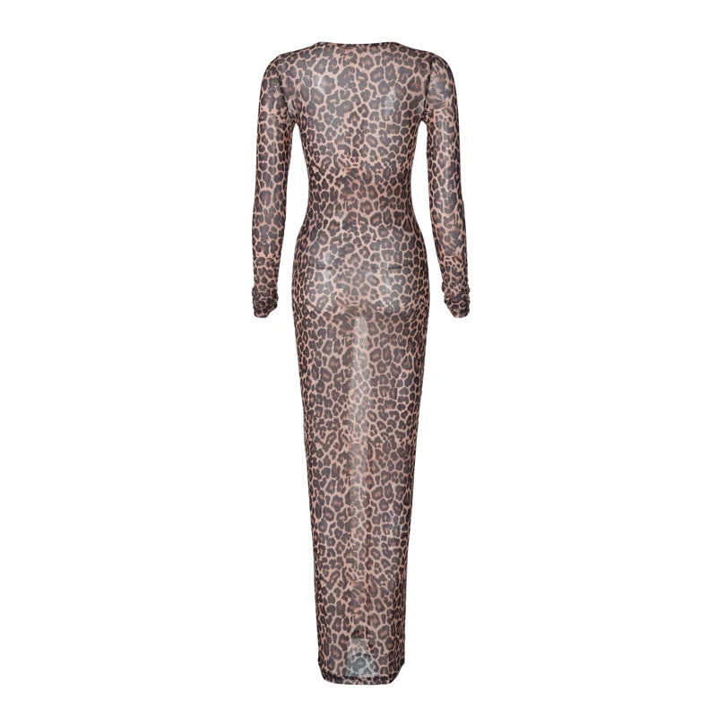 Hugcitar Leopard Print Mesh Long Sleeve Sexy Slim  See Through Maxi Dress Fall Women Fashion Outfits Beach Vacation Club