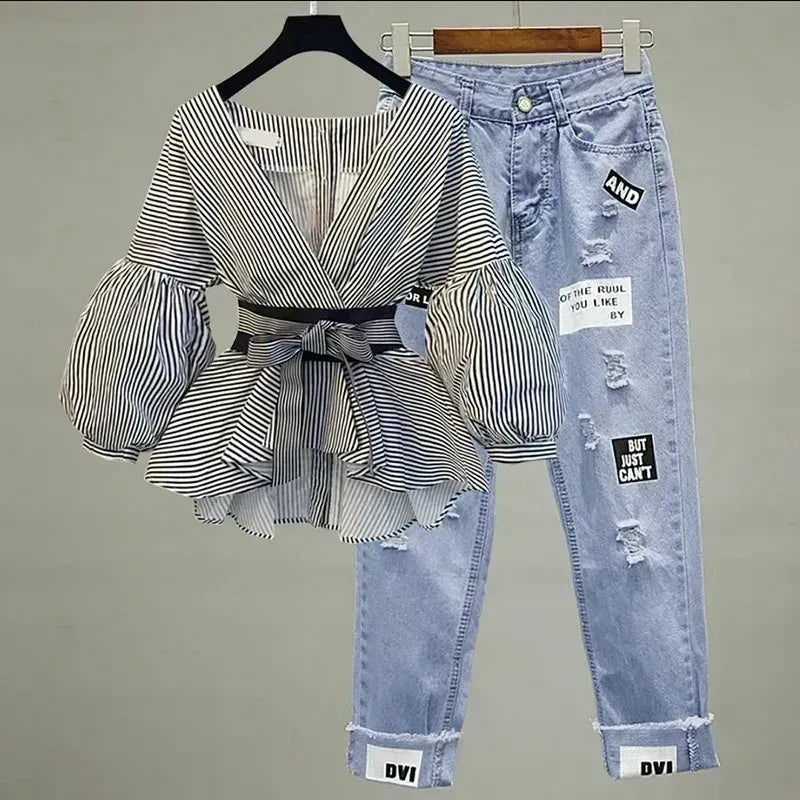 Women Elegant V-Neck Stripe Lantern Sleeve Bow Belt Trend Slim Chiffon Shirt Top And Korean Ripped Jeans Office Lady Casual Suit