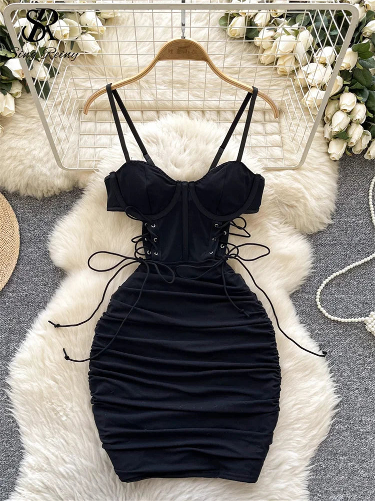 SINGREINY Summer Short Strap Dress Ladies Strapless Lace Up Hollow Out Design Pleated Slim Fit Print Sexy Clubwear Bodycon Dress