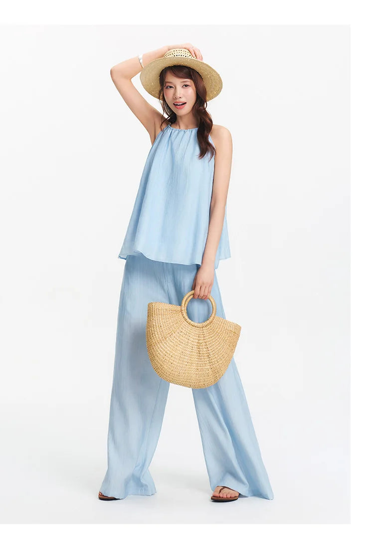 Semir Bowknot Strap Wide Leg Pants Set Women 2025 Summer New Linen Like Textured Two Piece Outfit for Vacation Style