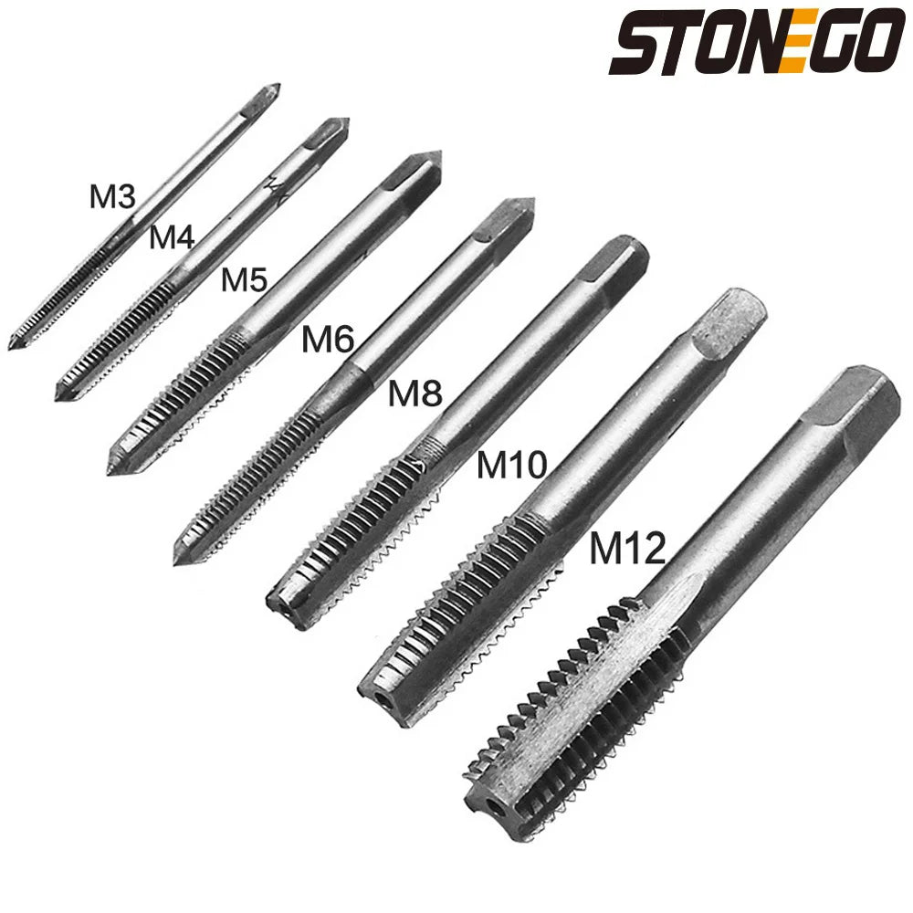 STONEGO 5PCS/7PCS Bearing Steel Taper Hand Spiral Point Straight Fluted Screw Thread Hand Tap Drill M3/M4/M5/M6/M8/M10/M12