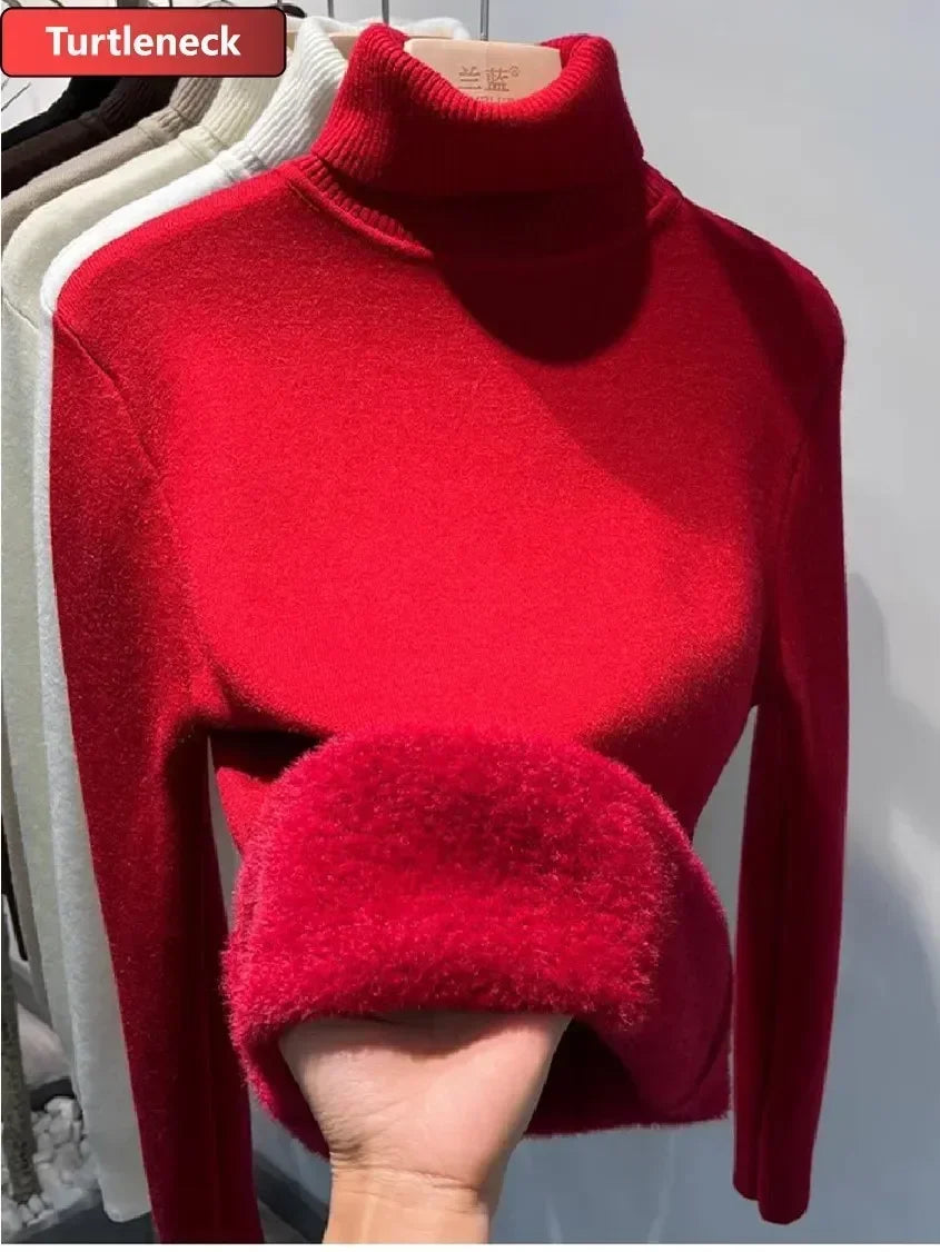 Winter Warm Sweater Pullover Women Slim Thicken Plush Velvet Lined Knitwear Jumper Korean Half Turtleneck Poleras Soft Knit Tops