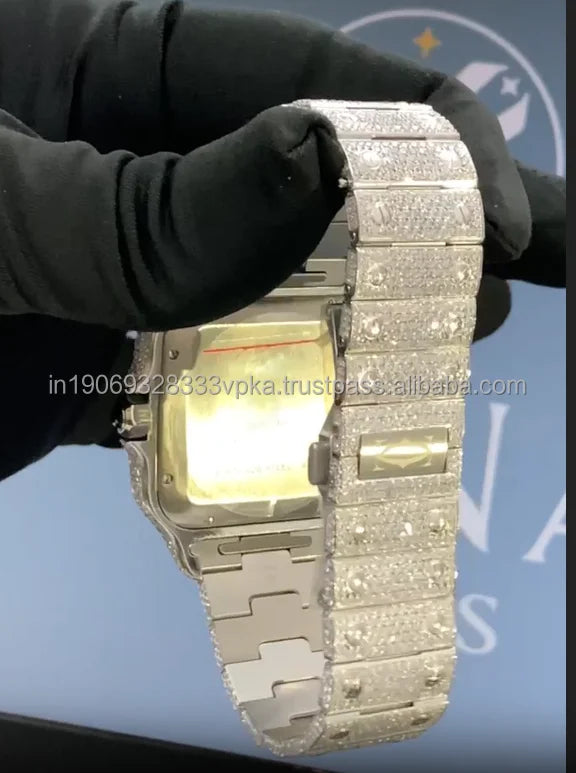 Luxury Men's Iced Watch Stainless Steel Moissanite Diamond Analog Mechanical Movement 41mm Glass Dial Hip Hop Folding Clasp