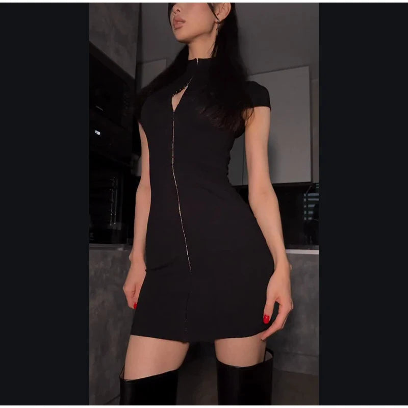 Black Women Hollow Out Slit Dress Sexy Short Sleeve Solid High Neck Slim Fit Maxi Dresses Lady Fashion Evening Party Club Robe