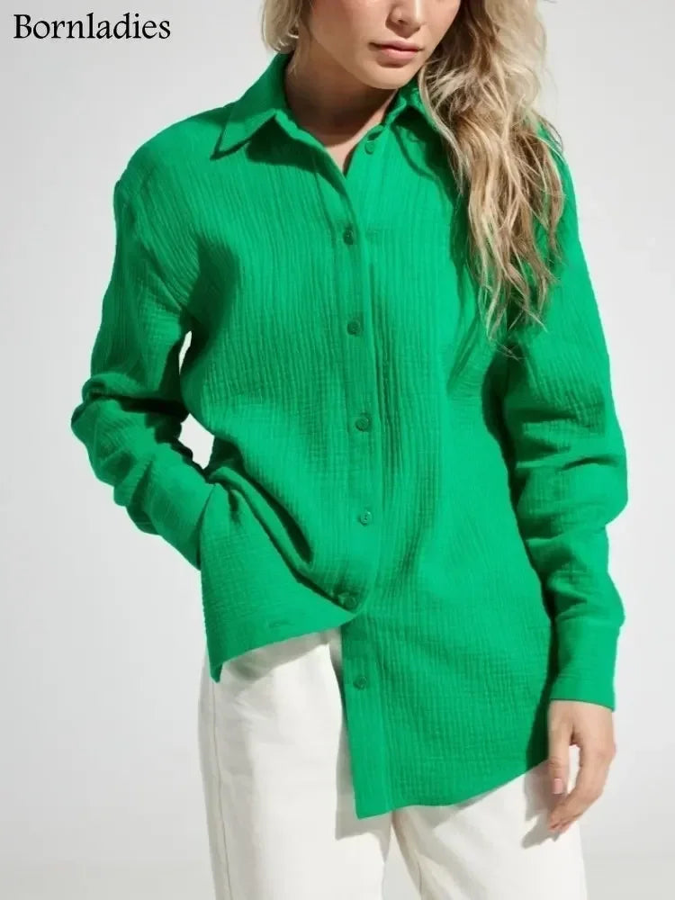 Bornladies 2025 Women's Spring Summer 100% Cotton Shirts Office Lady  Fashionable Solid Lady Long Sleeve Loose Tops Crepe Shirts