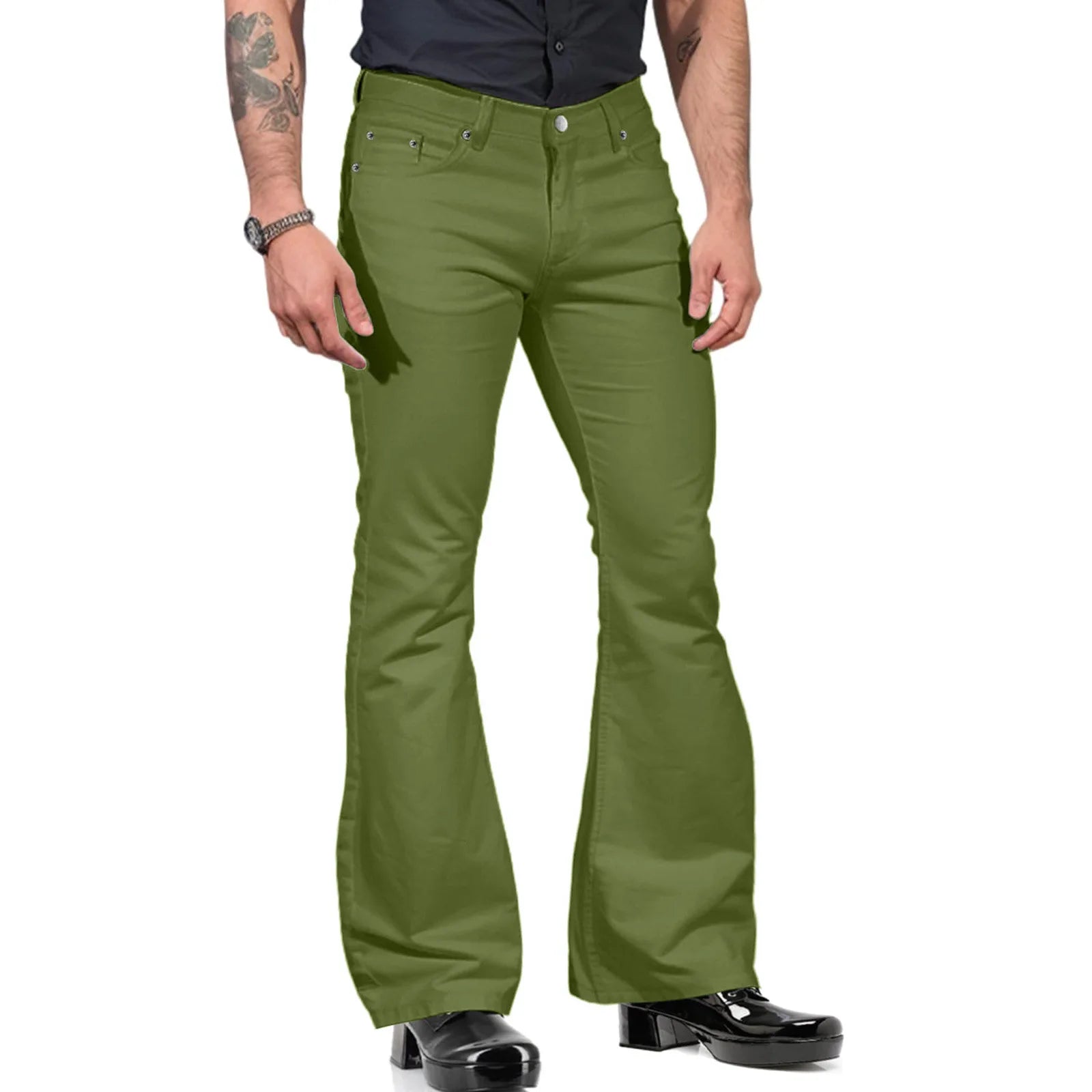 Retro-inspired Flared Pants Men's Vintage Bell Bottom Wide Leg Jeans Solid Color Stretchy Slim Fit Mid-rise for Fashionable