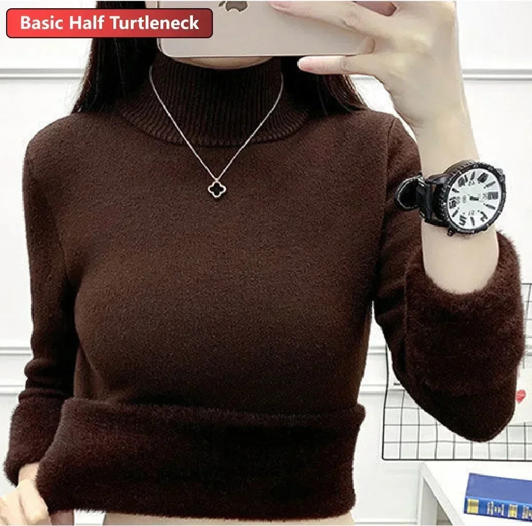 Winter Warm Sweater Pullover Women Slim Thicken Plush Velvet Lined Knitwear Jumper Korean Half Turtleneck Poleras Soft Knit Tops