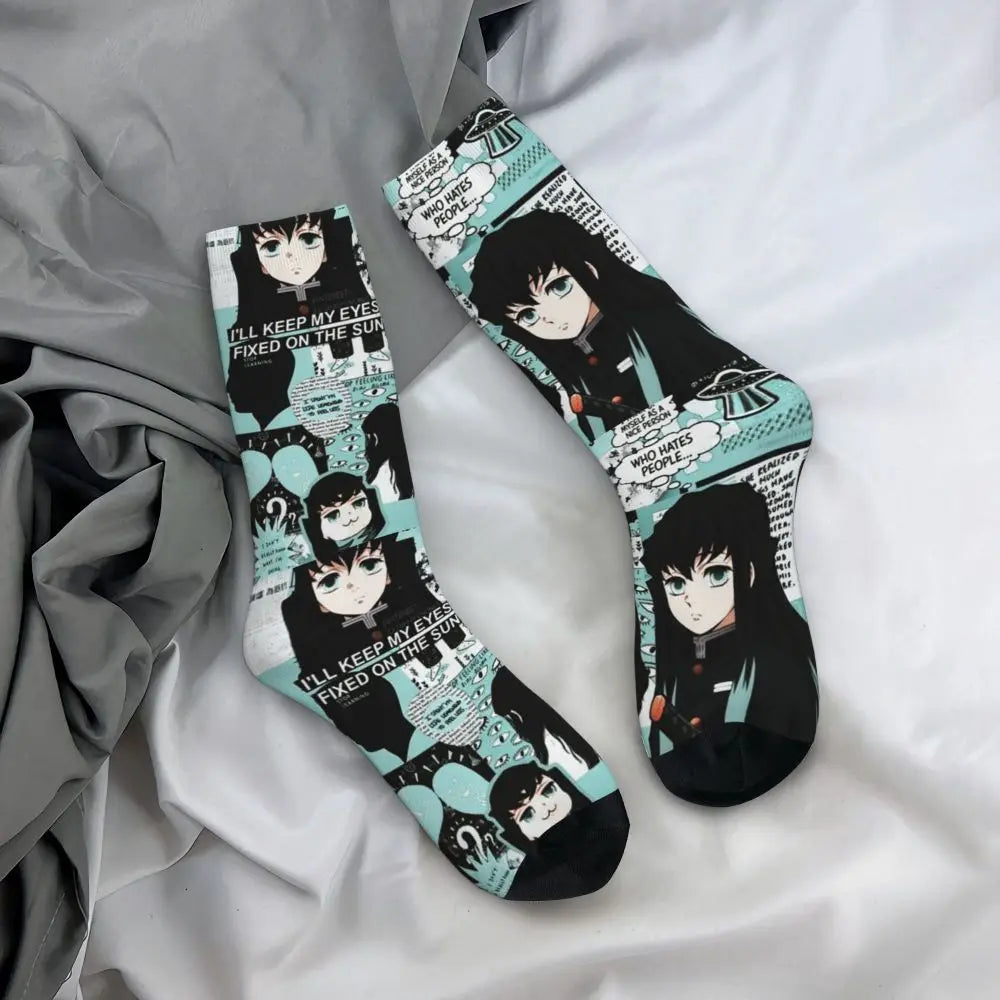 Custom Giyuu Tomioka Demon Slayer Men Women Crew Socks Unisex Kawaii Kimetsu No Yaiba Spring Summer Autumn Winter Dress Socks