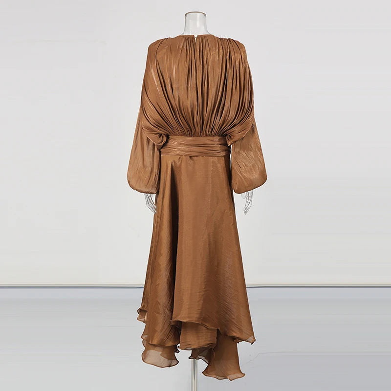 TWOTWINSTYLE Solid Loose Spliced Folds Elegant Dresses for Women Round Neck Long Sleeves Patchwork Lace Up Dress Female Fashion