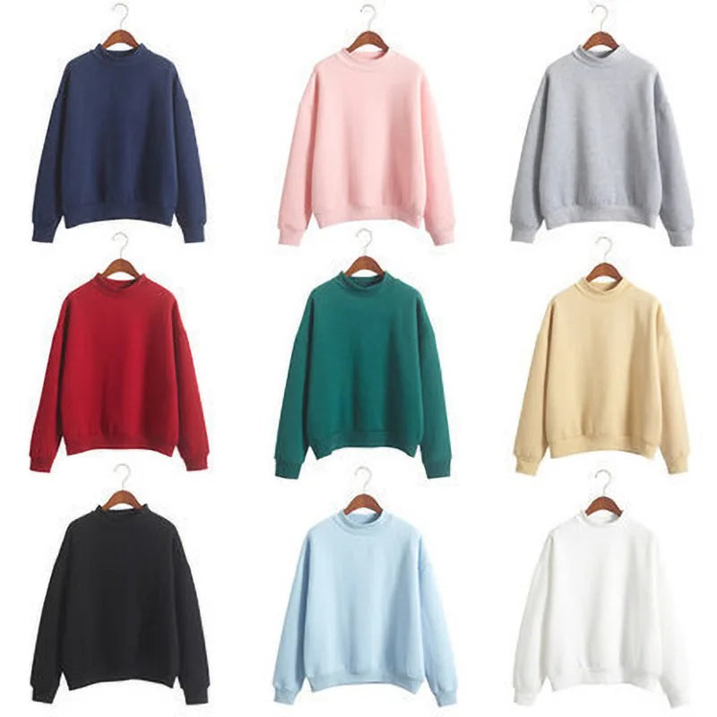 Fleecing Half High Neck Long Sleeve Casual Top For Women Clothing Autumn Winter Trend Solid Simple Pink Sweatshirts New Basic