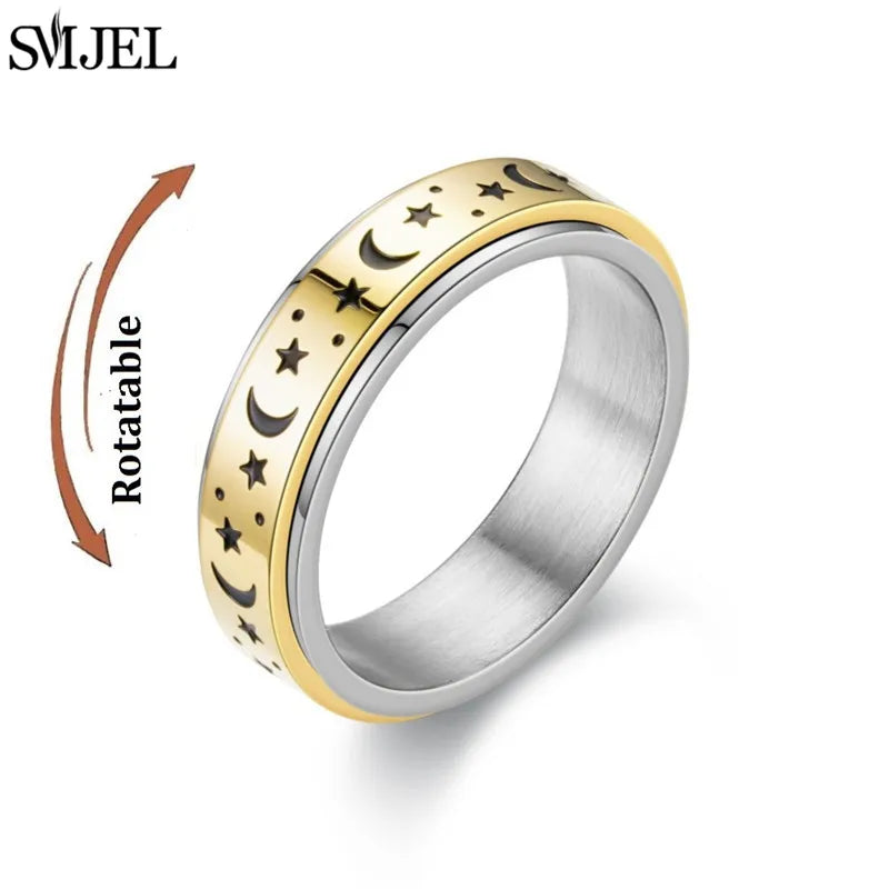 Fashion Star Moon Anxiety Relaxing Stainless Steel Rings for Women Men Metal Rotate Freely Spinner Ring Anillos De Hombres